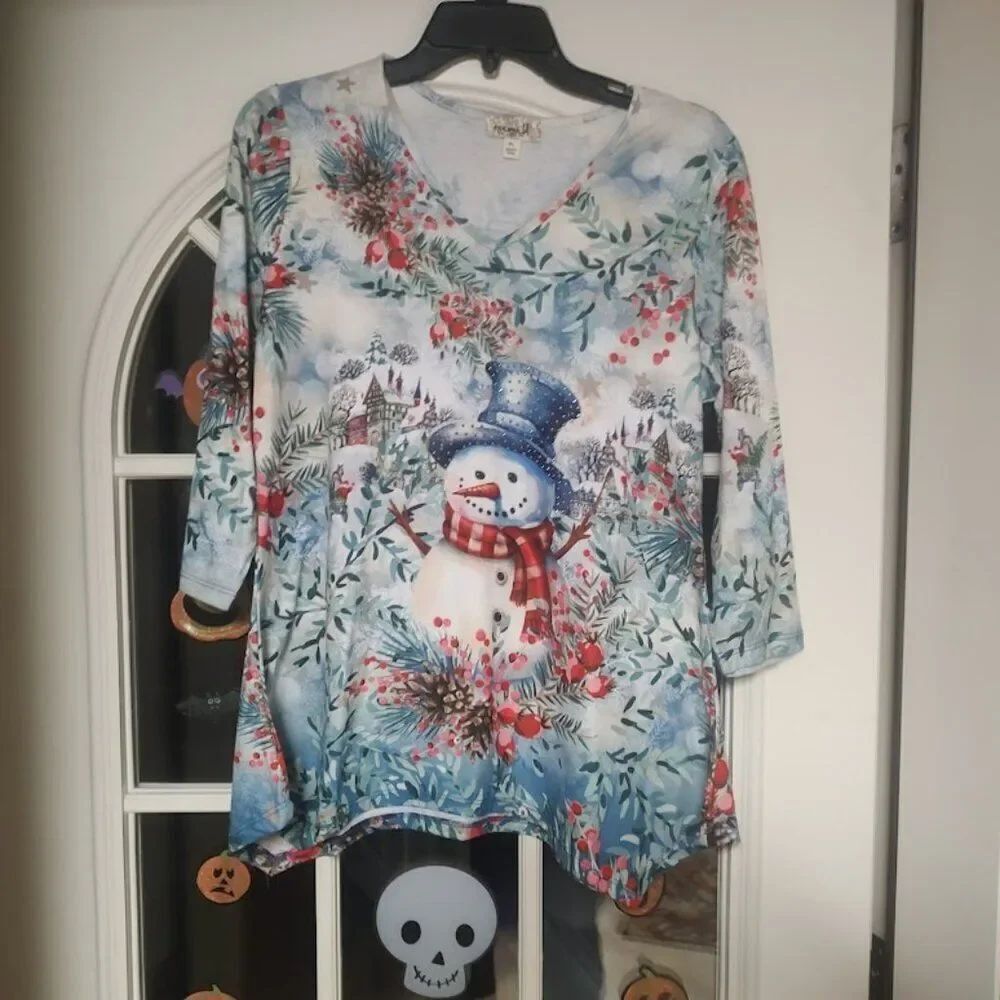 One World Multi-Color Snowman 3/4 Sleeve Top Size Women's Petite L